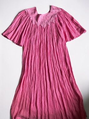 Vintage Pink Gauze Dress Embroidered Yoke Cottagecore Greece